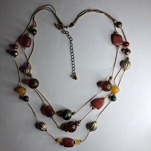 Three Strand Goldtone Necklace w/ Multicolor Beads